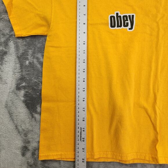Vintage OBEY Top Womens M Mustard Yellow Boxy Crop Logo Graphic Tee Casual - Picture 7 of 8